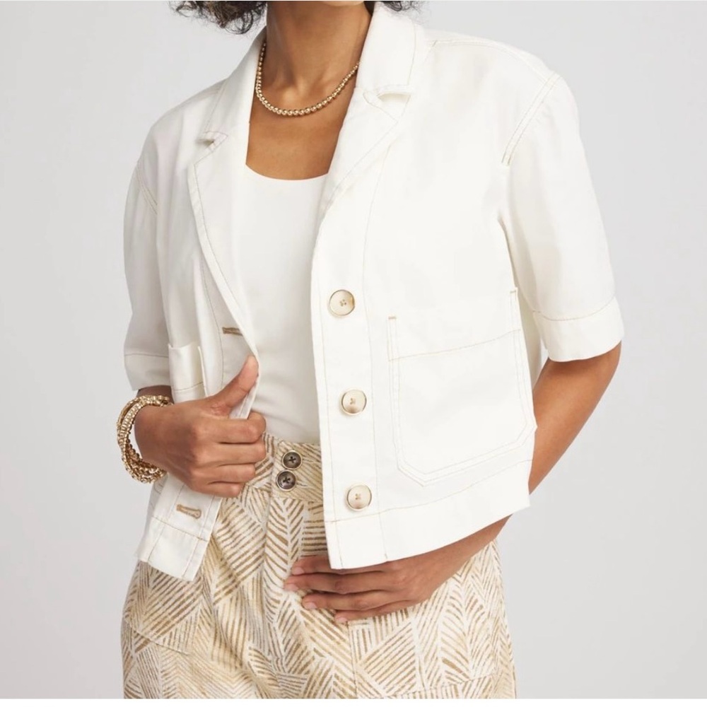 Chico's White Cropped Blazer with Short Sleeves and Tailored Fit